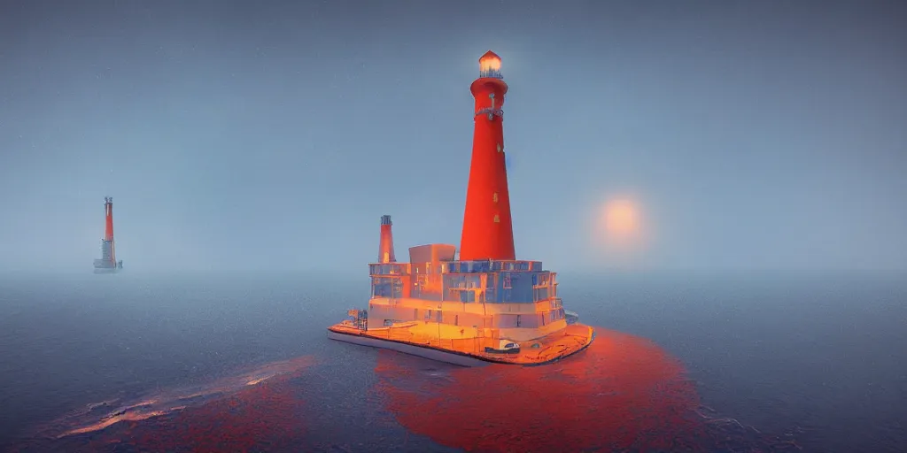 Image similar to epic huge soviet lighthouse in arctic, no frame, foggy, volumetric lighting, epic blue glow, by greg rutkowsky, shishkin and aivazovsky