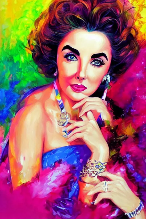 Prompt: a portrait of Elizabeth Taylor vivid colors, in a scenic environment by Artgerm, detailed,