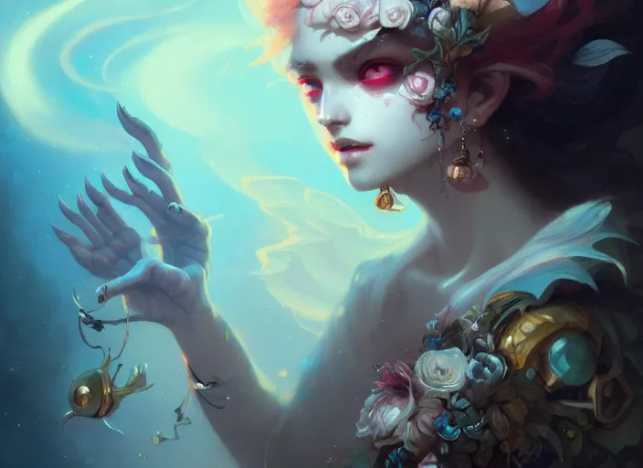 Prompt: close up picture of an maximalist dress girl, extremely beautiful and aesthetic and detailed cute face and eyes, with cute familiar sprites, chiaroscuro, intricate, masterpiece, fantasy illustrations by peter mohrbacher and anato finnstark and jeremy lipking