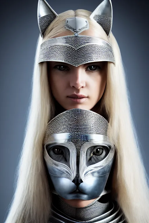 Image similar to female knight wearing a real cat on her head, armor designed by wayne barlowe, swarovski and tiffany, blonde hair, symmetry, sci - fi, cinematic, elegant, luxury, perfect light, perfect composition, dlsr photography, sharp focus, dark fantasy, 4 k, ultra hd, sense of awe, highly detailed, realistic, intricate