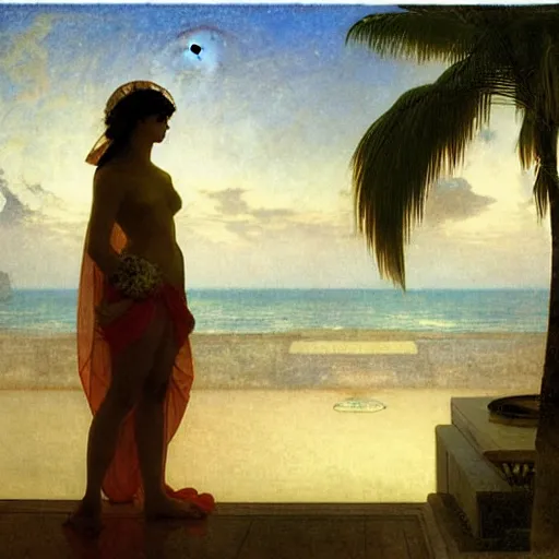 Image similar to Silhouette of two girls at the palace, thunderstorm, greek pool, beach and palm trees on the background major arcana sky, by paul delaroche, alphonse mucha and arnold böcklin arnold böcklin hyperrealistic 8k, very detailed