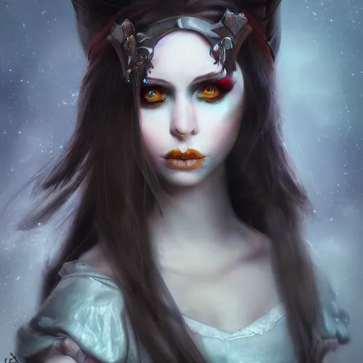 Image similar to whimsical beautiful angry girl, portrait, ice magic, dark hair and makeup, waist high, fantasy clothing, cgsociety, trending on artstation, dnd