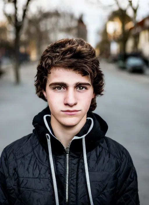 Prompt: a personal close up portrait of a 1 8 year old man from switzerland, his hair is brown and short, his eyes are green, his face is symmetric and friendly, he's proud to be where he is in life, black jacket, ambient light, beautiful composition, magazine photography, full frame, 5 0 mm, f 1. 8