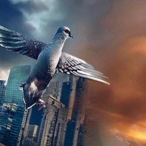 Image similar to Stunning Hyperealistic portrait of a pigeon as Godzilla destroying Sydney city