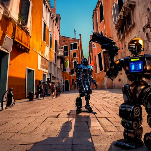 Image similar to two evil humanoid robott with a gun, in venice, cyberpunk style, wide shot, long shot, sunset golden hour