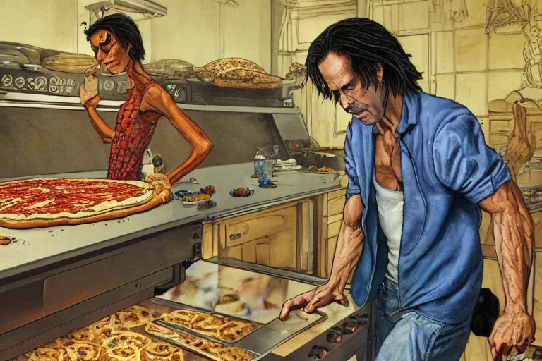 Image similar to a highly detailed nick cave baking pizza, full body, wide angle, an ultrafine detailed painting by p. craig russell and barry windsor - smith, trending on deviantart, octane, masterpiece