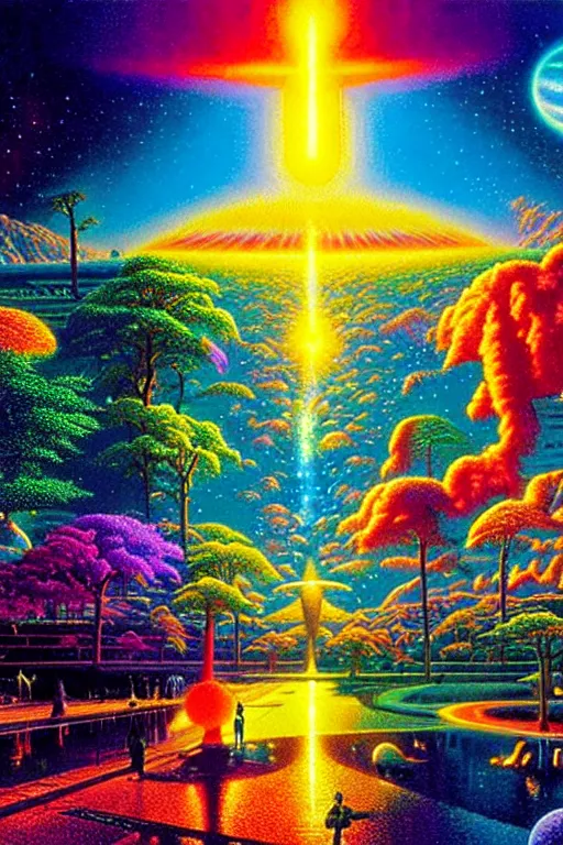 Prompt: a photorealistic detailed cinematic image of a beautiful vibrant iridescent future for human evolution, spiritual science, divinity, utopian, off center ground view, by david a. hardy, kinkade, lisa frank, wpa, public works mural, socialist