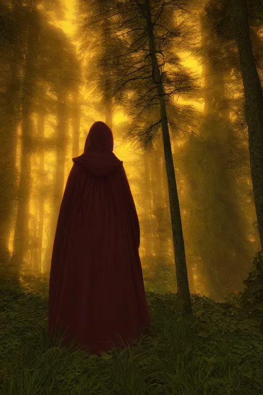 Image similar to portrait of a woman in a hooded cloak in a forest clearing at twilight| richly embroidered velvet| lush foliage | dramatic lighting | Maxfield Parrish and John Waterhouse |featured on Artstation |unreal engine