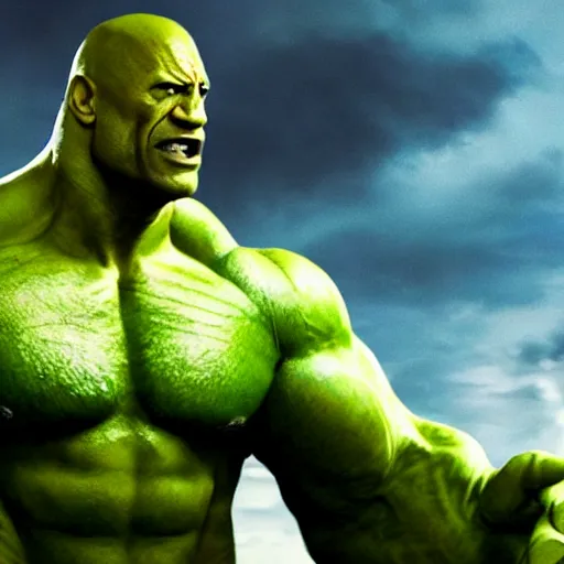 Prompt: dwayne johnson as incredible hulk, marvel cinematic universe, mcu, 4 k, raw, green skin, in - frame,