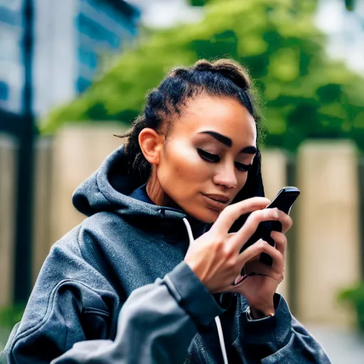 Image similar to candid photographic portrait of a poor techwear mixed young woman using a phone inside a dystopian city, closeup, beautiful garden terraces in the background, sigma 85mm f/1.4, 4k, depth of field, high resolution, 4k, 8k, hd, full color