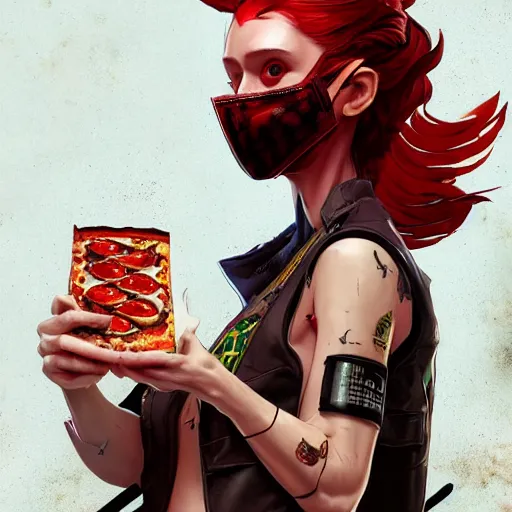 Prompt: skinny pale lady with red hair wearing pizza as a mask, Apex Legends character, digital illustration portrait design, by android jones and greg rutkowski, retrowave color scheme, detailed, cinematic lighting, wide angle action dynamic portrait