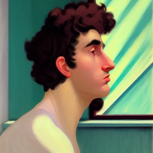 Prompt: A beautiful close-up of a young man with WHITE HAIR CURLY HAIR LONG HAIR, dressed like in the 1940s, digital art by Edward Hopper, vibrant color scheme, highly detailed, in the style of romanticism, fine Art, high detail, great lighting, 8k resolution, masterpiece, concept art, illustration, clear eyes, soft lighting, soft details, painting oil on canvas, octane render, HDR, trending on artstation, 4k, 8k, HD