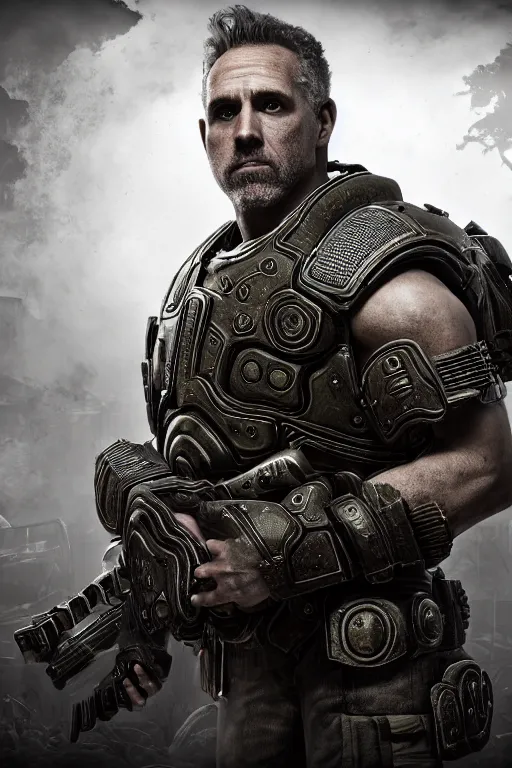 Prompt: Jordan B. Peterson as a muscular Gears of War character, photorealism, half body, HDR ambient background, unreal engine 5, hyperrealistic, highly detailed, XF IQ4, 150MP, 50mm, F1.4, ISO 200, 1/160s, cinematic lights, Adobe Lightroom, photolab, Affinity Photo, PhotoDirector 365, realistic