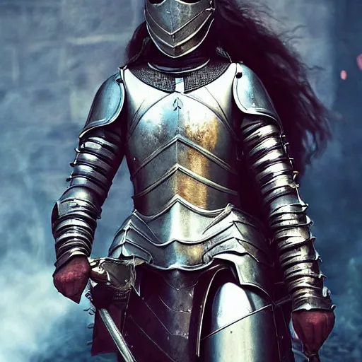 Image similar to a beautiful female knight without any battle experience who only wanted to see a dragon, symmetrical, cinematic, real photography