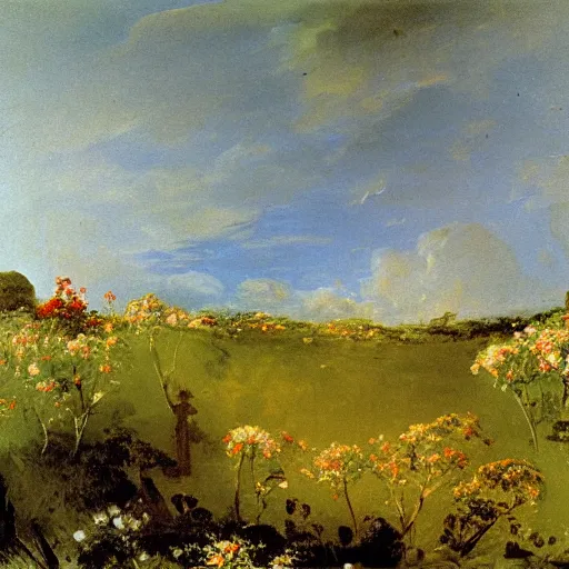Image similar to oil painting of flowers on meadow, bright romanticism by goya