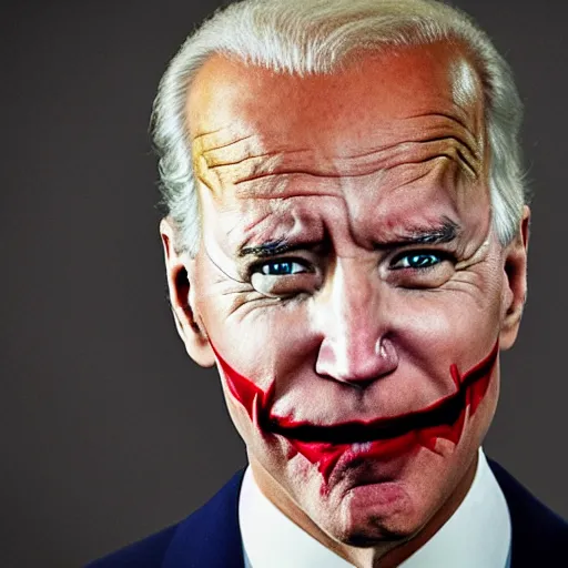 Prompt: portrait of joe biden as the joker, symmetrical, nikon 3 5 mm photography, ultrarealistic