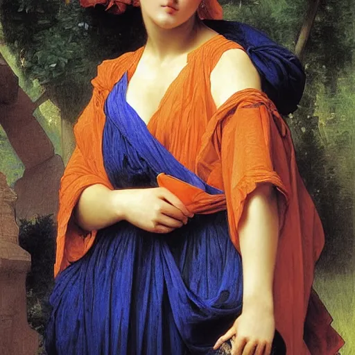 Image similar to woman with an orange and blue maximalist garment, by bouguereau