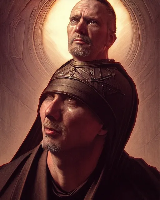 Image similar to realistic wide angle portrait of a nasty bishop, cross, evil, heroic pose, beautiful face, bible, full body, dramatic lighting, intricate, wild, highly detailed, digital painting, artstation, concept art, smooth, sharp focus, illustration, art by artgerm and greg rutkowski and alphonse mucha, footage from space camera