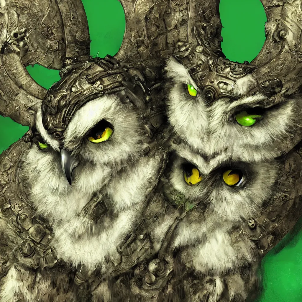 Prompt: An award winning digital art piece of a furry, photorealistic, cinematic, highly detailed, realistic anthropomorphic owl wearing a horned viking helmet, shield, and green shirt.