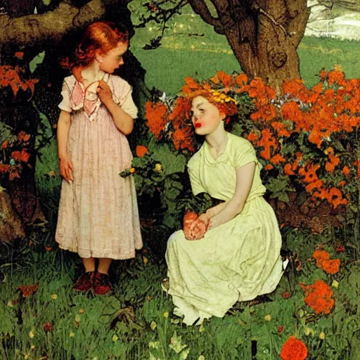 Image similar to Persephone in Spring, by Norman Rockwell, warm glow, busy composition