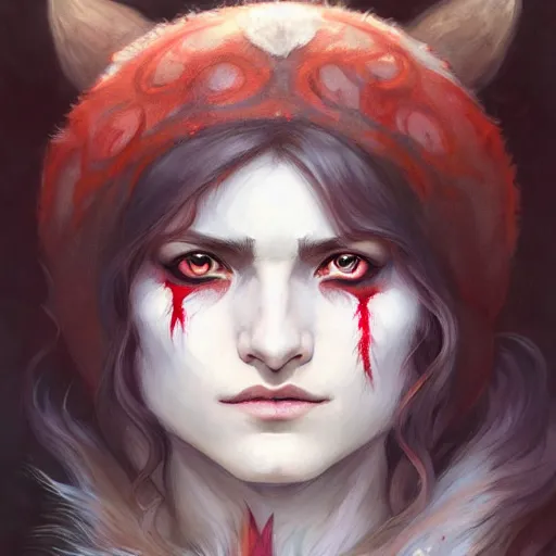 Image similar to Portrait of Aurora Aksnes dressed as Princess Mononoke with red facepaint under her eyes, white fur, face, fantasy, intricate, elegant, highly detailed, digital painting, artstation, concept art, smooth, sharp focus, illustration, art by Fernanda Suarez and Artem Demura and alphonse mucha