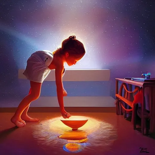 Prompt: a child goddess creating a universe in her room at night. Detailed. Elaborate. Intricate. Digital art. Masterpiece. By Krzysztof Maziarz. RHADS. Repin