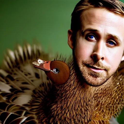 Image similar to closeup portrait of ryan gosling dressed as a goose, duck bill, feather suit, natural light, sharp, detailed face, magazine, press, photo, steve mccurry, david lazar, canon, nikon, focus