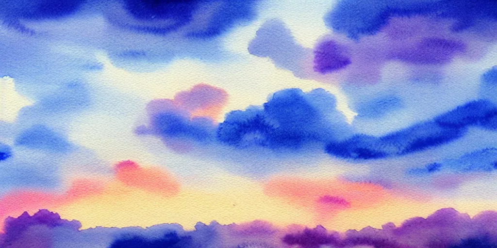 Prompt: beautiful cloudy sky, watercolor painting, immersive, dreamy, blueish, uhd, 8 k, art