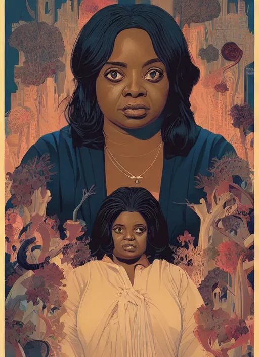 Image similar to poster artwork by Michael Whelan and Tomer Hanuka, Karol Bak of Octavia Spencer has a voice in her head, reality is a labyrinth, psychological thriller from scene from Twin Peaks, clean, simple illustration, nostalgic, domestic, full of details