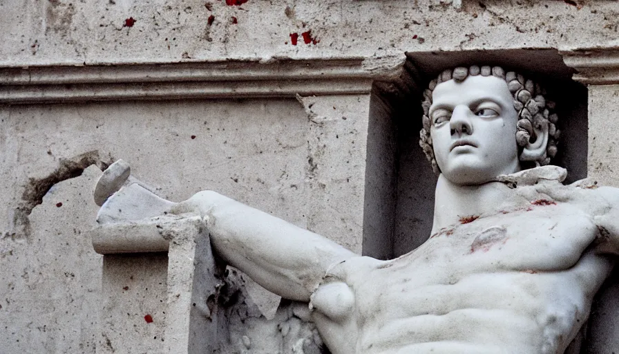 Prompt: 1 9 7 0 s movie still close - up of caligula dead - slaughtered in a classical amphiteather with columns, cinestill 8 0 0 t 3 5 mm b & w, high quality, heavy grain, high detail, dramatic light, cinematic composition, anamorphic, blood, bleeding, by irving penn