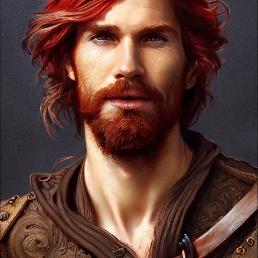 Image similar to portrait of a young ruggedly handsome but joyful pirate, male, masculine, upper body, red hair, long hair, d & d, fantasy, dirty smirk, intricate, elegant, highly detailed, digital painting, artstation, concept art, matte, sharp focus, illustration, art by artgerm and greg rutkowski and alphonse mucha