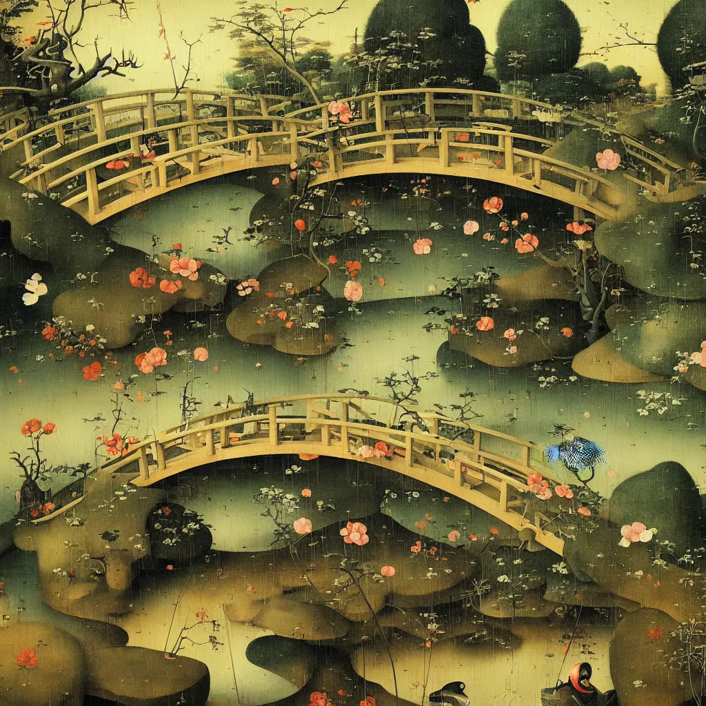 Prompt: Japanese Garden with bridge by Hieronymus Bosch and James Jean, Ross Tran, surreal oil painting, highly detailed, dream like, masterpiece