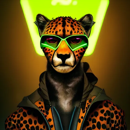 Image similar to a beautiful commission portrait of a male anthro cheetah wearing a neon jacket,futuristic,detailed face,mohawk,cyberpunk city,deviantart,artstation,art by greg rutkowski,ross tran,professional lighting,neon city,night,raytracing,highly realistic,4k,dramatic,hyperrealism