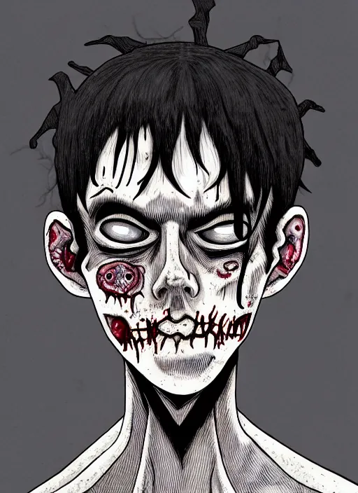 Image similar to junji ito style portrait of zombie teenage jughead jones wearing a light grey crown, zombie, crown, rotting skin, blind eyes, white eyes, crown, black hair, intricate, highly detailed, illustration, art by junji ito
