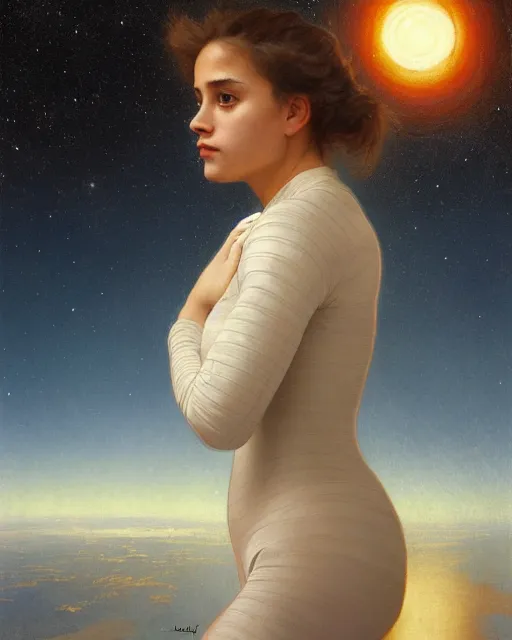 Image similar to a portrait painting of a shy, blushing 1 6 - year old astronaut resembling alicia vikander wearing a skintight spacesuit at night with a sky full of stars, intricate, elegant, highly detailed, artstation, concept art, by krenz cushart and artem demura and william adolph bouguereau and alphonse mucha