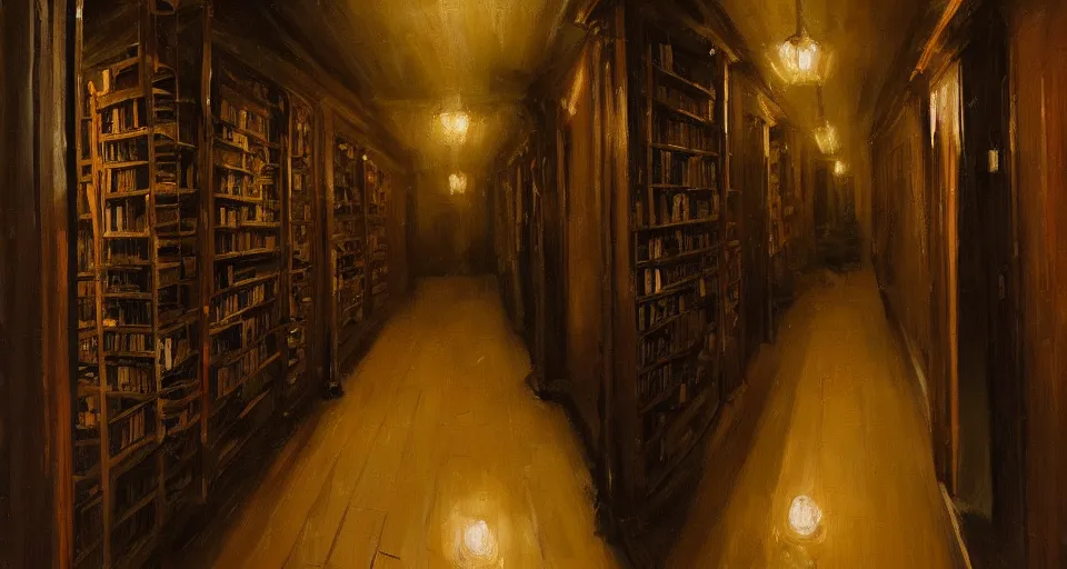 Image similar to Stefan Koidl's painting of a very dark creepy victorian corridor with bookshelves everywhere and two candles. 4k, artstation.