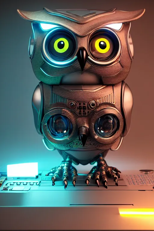 Image similar to high quality 3 d render very cute cyborg owl! with boombox!, cyberpunk highly detailed, unreal engine cinematic smooth, in the style of blade runner & detective pikachu, hannah yata charlie immer, moody light, low angle, uhd 8 k, sharp focus