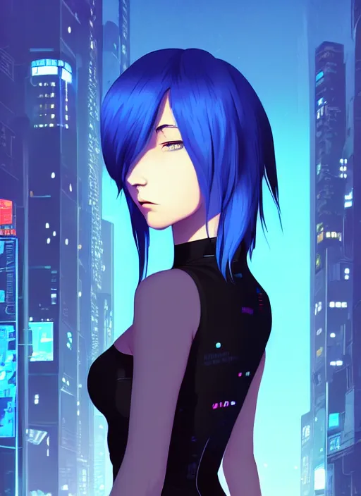 Image similar to digital illustrationportrait of cyberpunk pretty girl with blue hair, wearing a tight black dress, in city street at night, by makoto shinkai, ilya kuvshinov, lois van baarle, rossdraws, basquiat