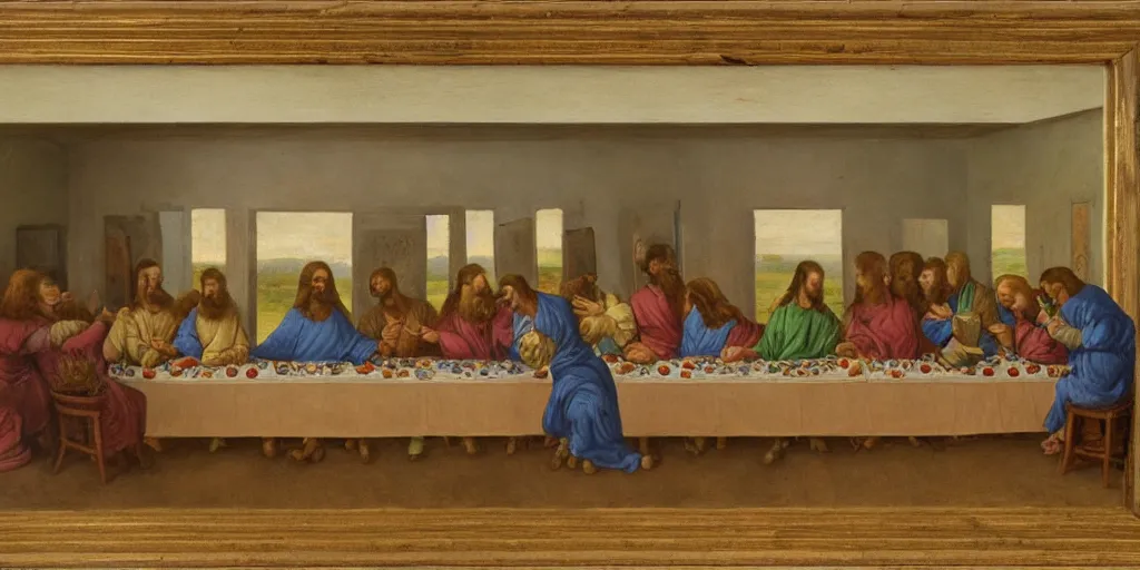 Prompt: the last supper in bishop hill colony farm by olof krans oil on board