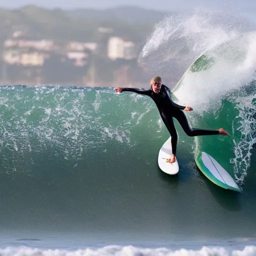 Image similar to action photo of a surfer surfing a tsunami about to crush the golden gate, action photograph