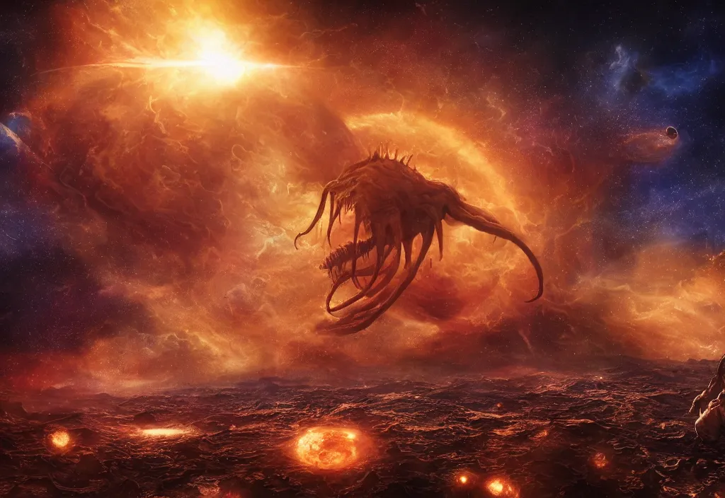 Image similar to eldritch horror bloody garfield in space, hd, 8 k, giant, epic, realistic photo, unreal engine, stars, prophecy, powerful, cinematic lighting, destroyed planet, debris, violent, sinister, ray tracing, dynamic, epic composition, dark, horrific, teeth, grotesque, monochrome drawing, hellscape