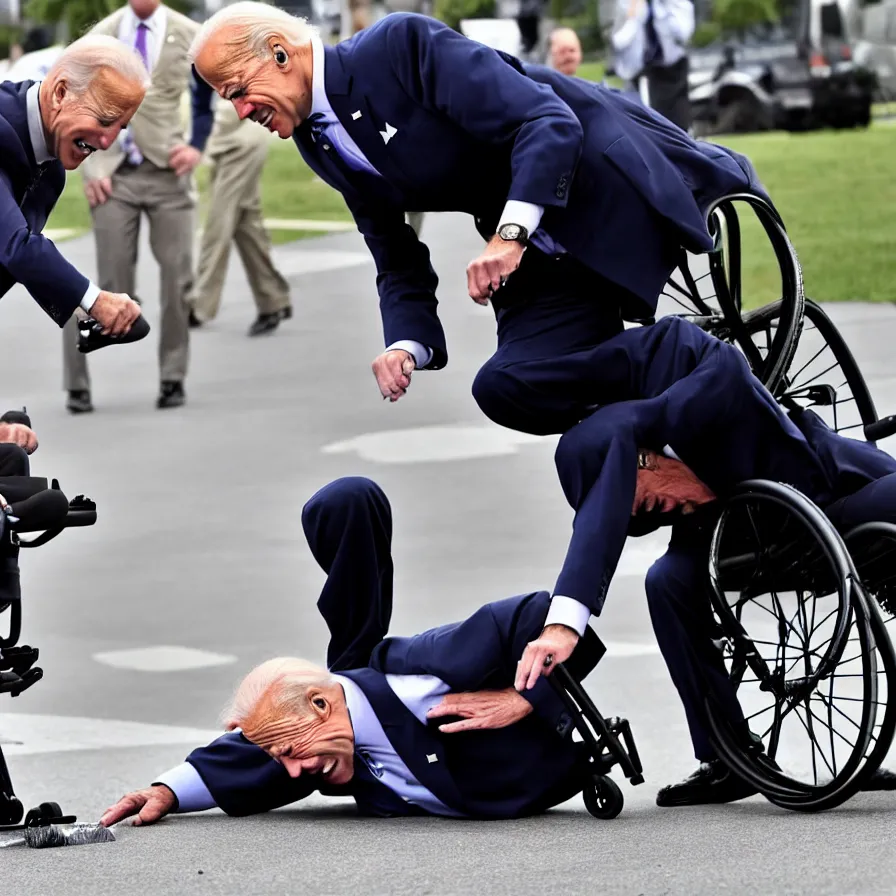 Image similar to joe biden falling off his wheelchair faceplanting on the ground, award winning photo