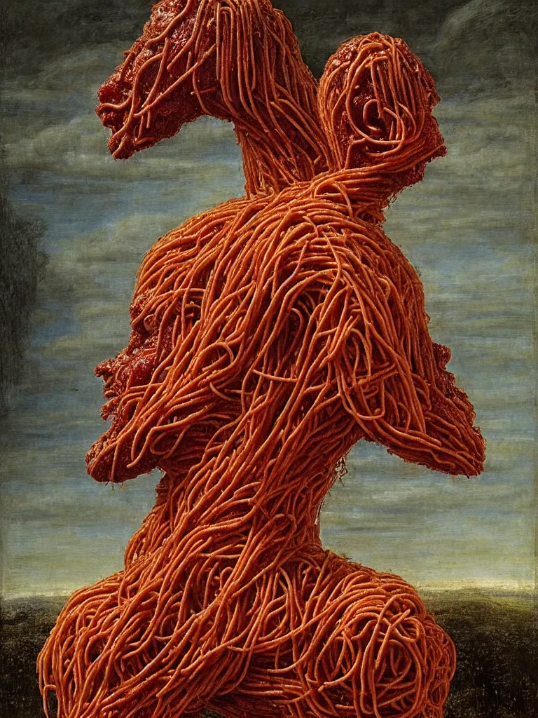 Prompt: a boy made of spaghetti and tomato sauce, sitting on top of a horse, autumn night, by giuseppe arcimboldo and ambrosius benson, renaissance, intricate and intense oil paint, a touch of beksinski and hr giger and edward munch, realistic