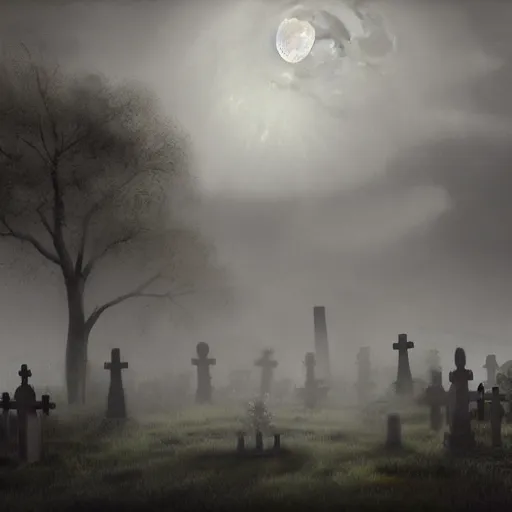 Prompt: Matte Oil painting of the moon above a Cemetery, Atmospheric, Foggy, ghosts, Detailed, photorealistic