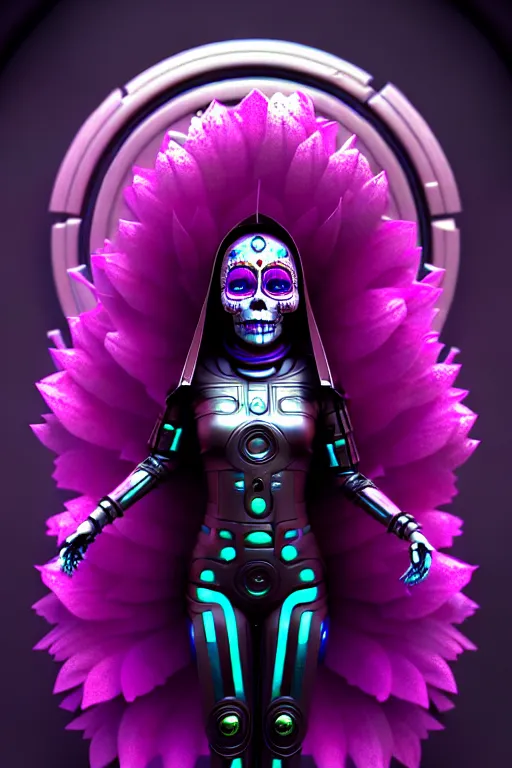 Prompt: ultra detailed female android deity, cinematic, 8 k, sci - fi movie!!, flowerpunk, sci - fi, fantasy, ( dia de los muertos ), asymmetrical,!! concept art, unreal engine, octane render, zbrush, art by artgerm and michael welan and alphonse mucha and loish and wlop