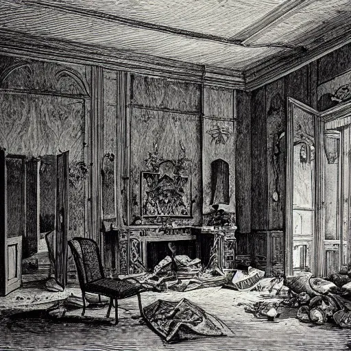 Image similar to living room of an abandonded house, illustration by Gustav Doré