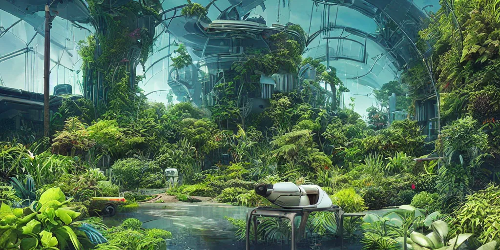 Prompt: solarpunk garden, sci - fi, plants, greenery, digital art by beeple