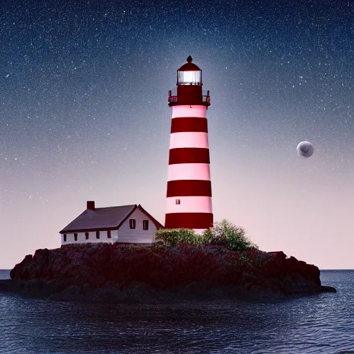 Image similar to A red and white striped lighthouse shining out onto the sea; a white house with a red roof with the lights on inside; thin dark trees behind; nighttime with stars behind; full moon;Octane 8K Rendering,