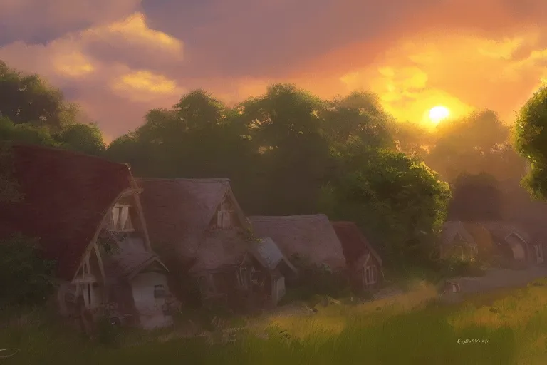 Image similar to sunset over the cottages in the shire, ghibli, artstation, award wining, rutkowski, shinkai