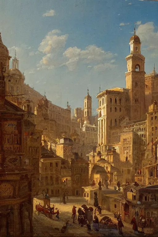 Image similar to painting of view of old European city with mix of middle eastern architecture fusion, photoreal, morning city view , painting by Charles Leickert , old master painting